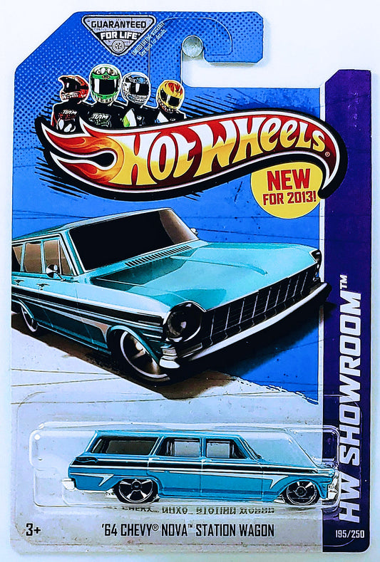 Hot Wheels 2013 - Collector # 195/250 - HW Showroom / HW Garage / New Models - '64 Chevy Nova Station Wagon - Metalflake Aqua Blue - M5 Wheels - USA Card