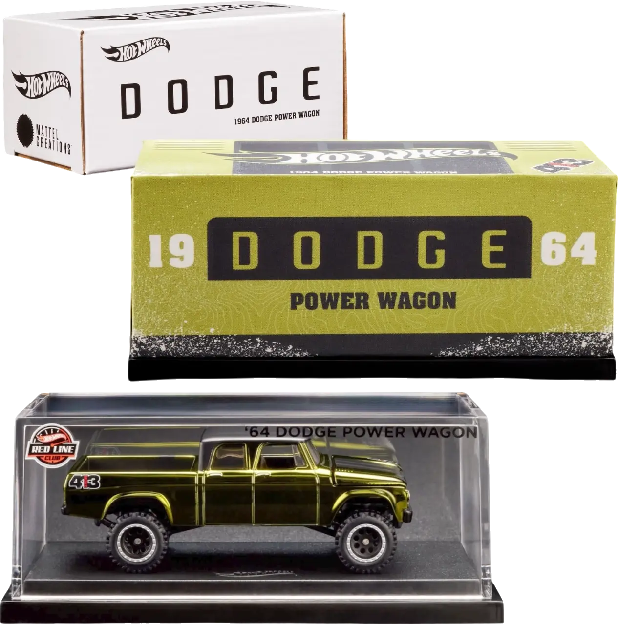 Hot Wheels 2024 - HWC/RLC Exclusive - 1964 Dodge Power Wagon - Spectraflame Olive - Metal/Metal - Real Riders - Opening Hood - Acrylic Display Case