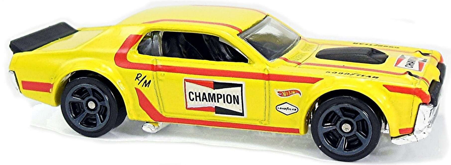 Hot Wheels 2018 - Collector # NONE - HW Speed Graphics 8/10 - '68 Mercury Cougar - Yellow / Champion Spark Plugs - KMart Exclusive - USA 50th Card