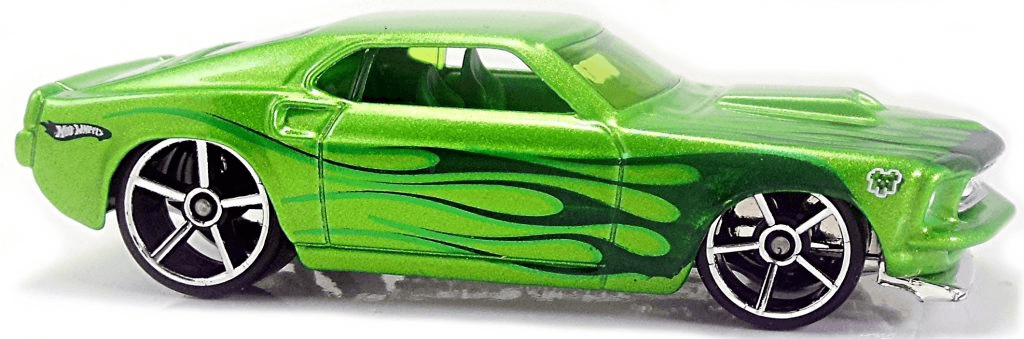 Hot Wheels 2010 - Collector # 064/214 - Treasure Hunts 12/12 - '69 Ford Mustang - Lime Green & Flames - International Short Card