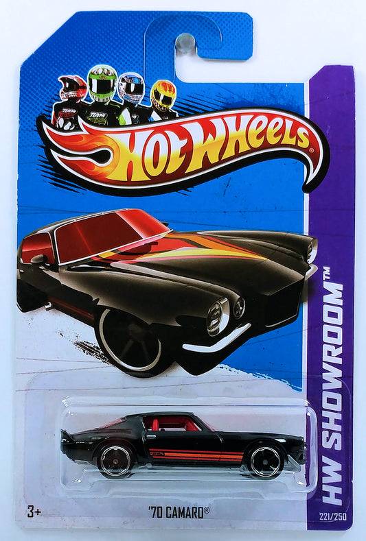 Hot Wheels 2013 - Collector # 221/250 - HW Showroom / Then and Now - '70 Camaro - Black / Red Stripes - USA Card