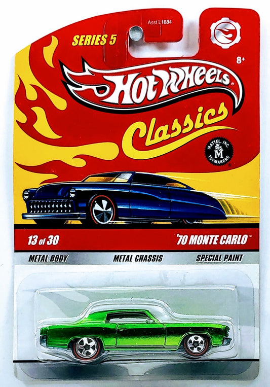 Hot Wheels 2009 - Classics Series 5 # 13/30 - '70 Monte Carlo - Spectraflame Green - Red Line 5 Spoke - Metal/Metal - New Casting!