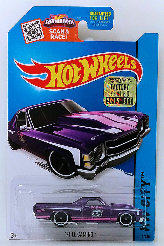 Hot Wheels 2015 - Collector # 018/250 - HW City / HW Performance - '71 El Camino - Purple Metalflake / Ed Pink's Garage - USA 'Showdown' Card with Factory Set Sticker
