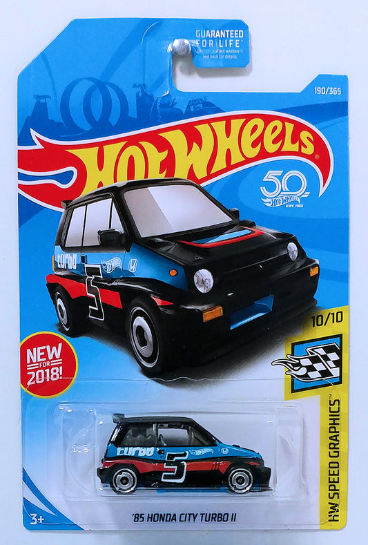 Hot Wheels 2018 - Collector # 190/365 - HW Speed Graphics 10/10 - New Models - '85 Honda City Turbo II - Black / #5 - USA 50th Card