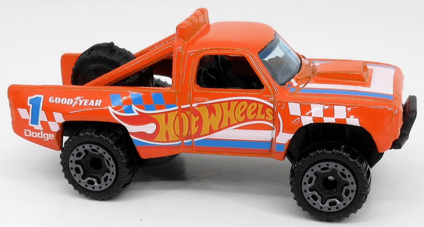 Hot Wheels 2021 - Collector # 168/250 - HW Race Team # 1/10 - 87 Dodge D100 - Orange / #1 / Hot Wheels Racing Graphics - Gray on Black BLOR Wheels - Blue Windows - Black Interior - Black Plastic Base - USA Card
