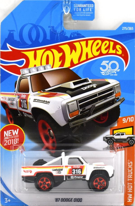 Hot Wheels 2018 - Collector # 275/365 - HW Hot Trucks 9/10 - New Models - '87 Dodge D100 - White / #316 with various Racing Decals - Red 5 Spokes - USA 50th Card