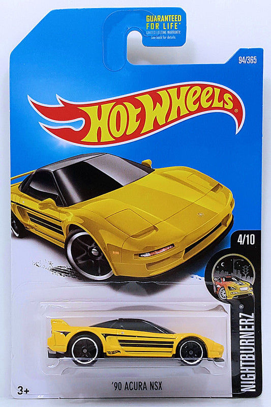 Hot Wheels 2017 - Collector # 094/365 - Nightburnerz 4/10 - '90 Acura NSX - Yellow / Black Stripes - USA Card