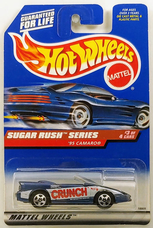Hot Wheels 1998 - Collector # 743 - Sugar Rush Series 3/4 - '95 Camaro (Convertible) - Dark Blue Metallic / Nestle Crunch - 5 Spokes - Malaysia - USA Card