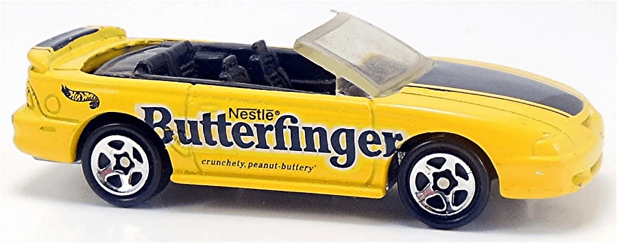 Hot Wheels 1998 - Collector # 744 - Sugar Rush Series 4/4 - '96 Mustang Convertible - Yellow / Butterfinger - USA Blue Car Card