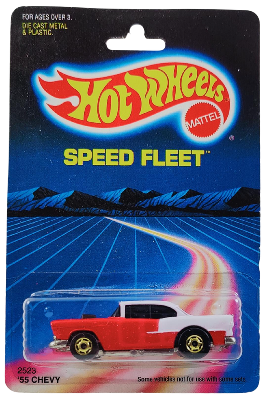 Hot Wheels 1988 - Speed Fleet - '55 Chevy - Red & White - Metal Base - Gold Hot Ones Wheels - Nice Card - FREE Protector - MPN 2523