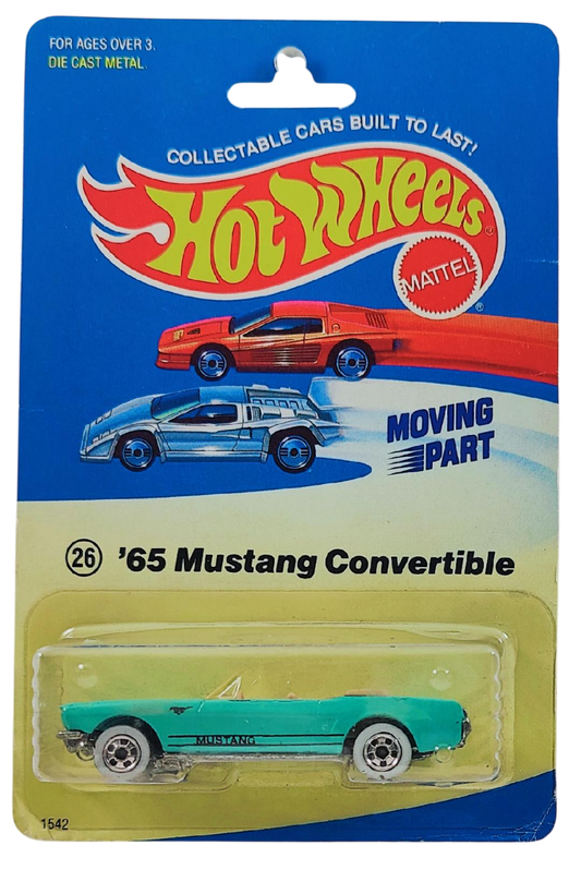 Hot Wheels 1989 - Collector # 026 - '65 Mustang Convertible - Turquoise - Basic Wheels on White Walls - Opening Hood - Experimental Card - Very Rare & Sought After!