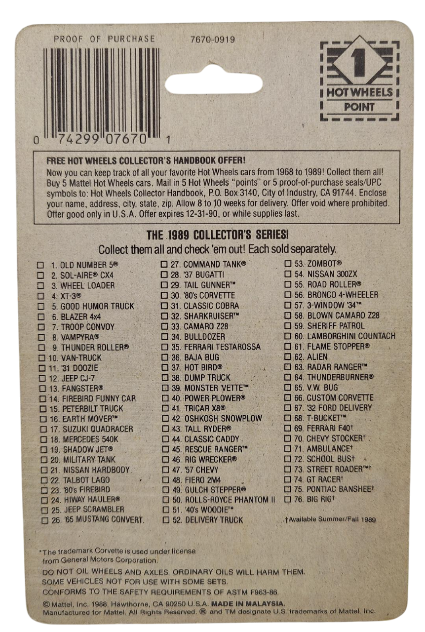 Hot Wheels 1989 - Collector # 066 - New Model - Custom Corvette - Metalflake Red - UH Wheels - Experimental Card - Very Rare & Sought After!