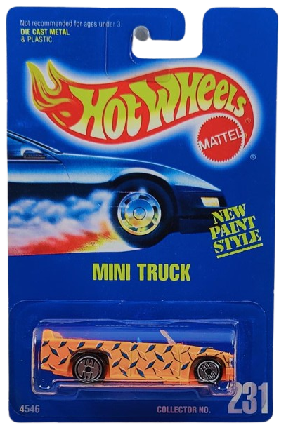 Hot Wheels 1993 - Collector # 231 - Mini Truck - Flourescent Orange / Black, Blue & White Diamond Pattern- UH Wheels - USA Blue Card with "New Paint Style"