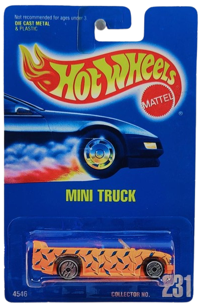 Hot Wheels 1993 - Collector # 231 - Mini Truck - Flourescent Orange / Black, Blue & White Diamond Pattern- UH Wheels - USA Blue Card
