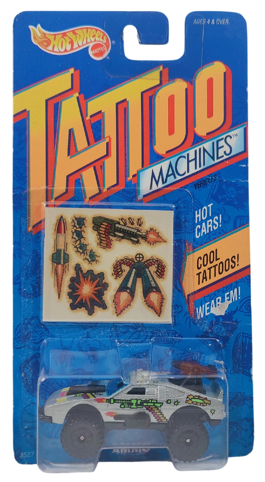 Hot Wheels 1993 - Tattoo Machines - AMMO (Sting Rod) - Metallic Silver - Black ORCT Wheels - includes Cool Tattoos! - Blister Card is in fair condition