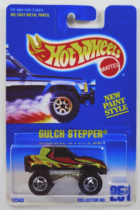 Hot Wheels 1995 - Collector # 251 - Gulch Stepper - Black - Sawblade Wheels - USA Blue & White Card