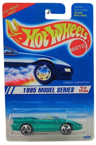 Hot Wheels 1995 - Collector # 344 - Model Series 8/12 - Camaro Convertible - Teal Metallic - 3 Spokes - USA Card