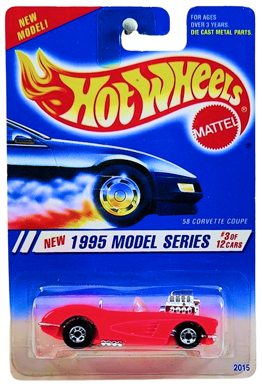 Hot Wheels 1995 - Collector # 341 - Model Series 3/12 - '58 Corvette Coupe - Flourescent Pink - Basic Wheels - Chrome Motor, Interior, Bumpers & Grille - USA