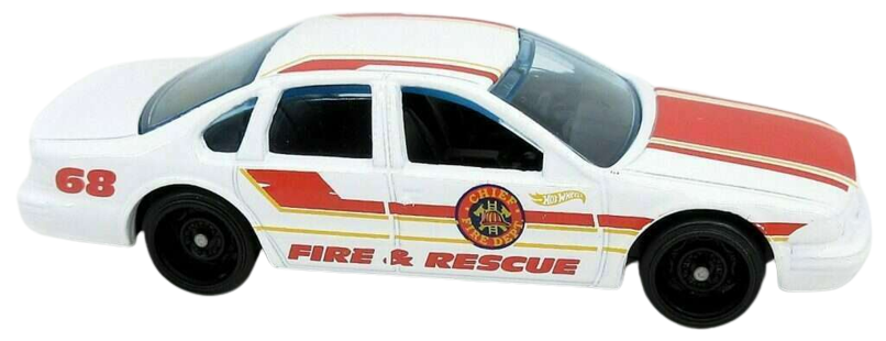 Hot Wheels 2021 - Collector # 227/250 - HW Rescue 06/10 - '96 Chevrolet Impala SS - White - Red & Yellow Stripes / 'Fire & Rescue' / '68' - International Card