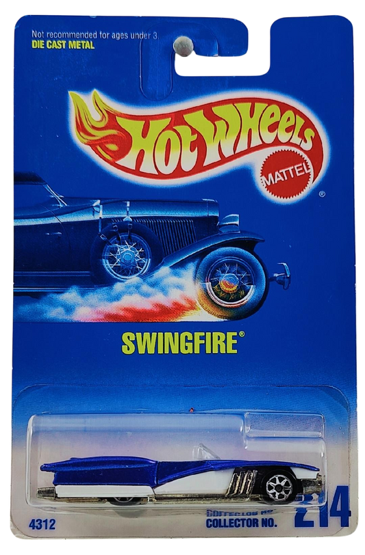 Hot Wheels 1996 - Collector # 214 - Swingfire (Street Beast) - Metalflake Blue & White - 7 Spoke Wheels - Unpainted Metal Base - USA Blue & White Card