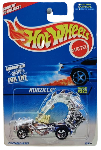 Hot Wheels 1995 - Collector # 323 - Rodzilla - Chrome - 5 Spokes - Unpainted Base - USA Blue & White Card