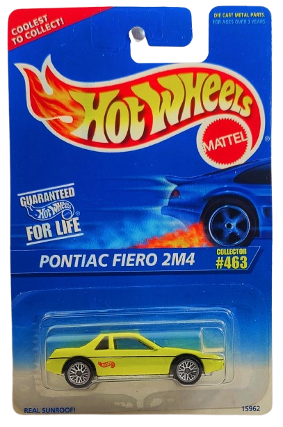 Hot Wheels 1996 - Collector # 463 - Fiero 2M4 - Neon Yellow / Fiero Logo on Front Deck Lid / Small Red Hot Wheels Logo on Sides - Lace Wire Wheels - USA Blue & White Card with 'Coolest to Collect'