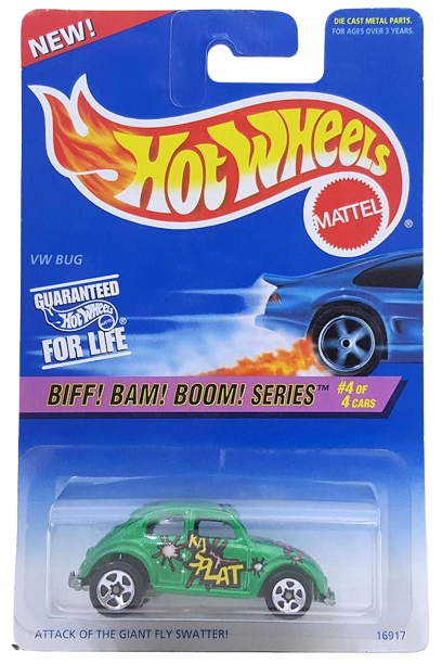 Hot Wheels 1997 - Collector # 543 - Biff! Bam! Boom! Series 4/4 - VW Bug - Green with NO Hot Wheels Logo - 5 Spokes (5SP) Wheels - USA Card with "NEW!" on Upper Left
