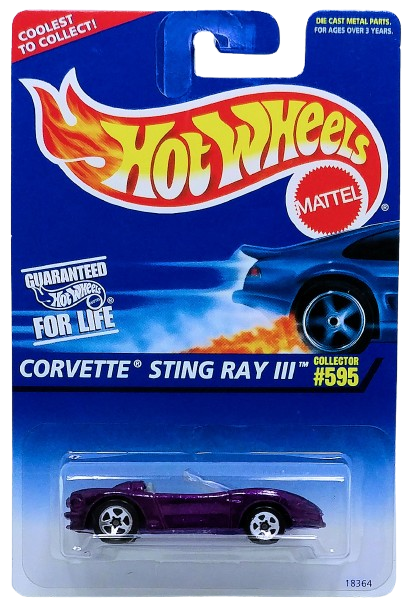 Hot Wheels 1997 - Collector # 595 - Corvette Sting Ray III - Metallic Purple - 5 Spokes - USA Blue & White Card