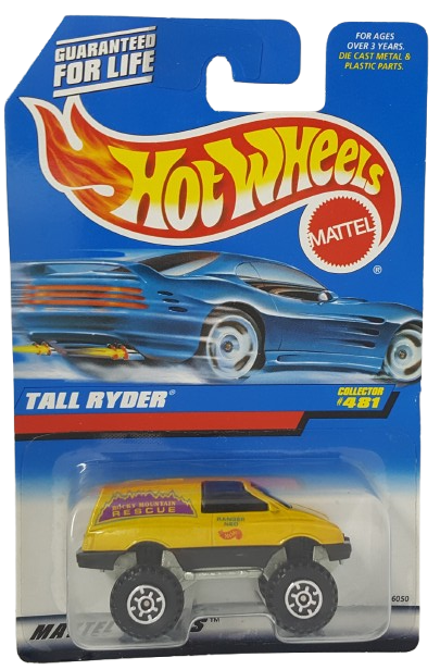Hot Wheels 1998 - Collector # 481 - Tall Ryder - Yellow - CT Wheels - USA Blue Car Card - MPN 16050