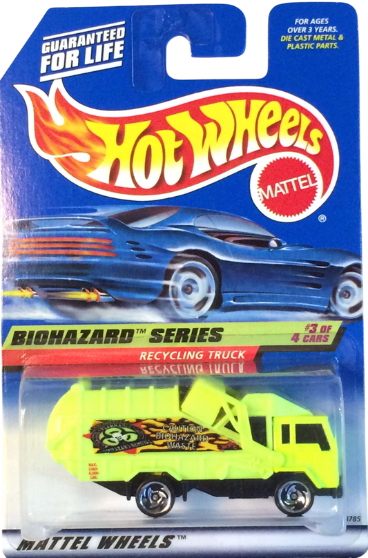Hot Wheels 1998 - Collector # 719 - Biohazard Series 3/4 - Recycling Truck - Flourescent Yellow - Sawblades - USA Blue Car Card