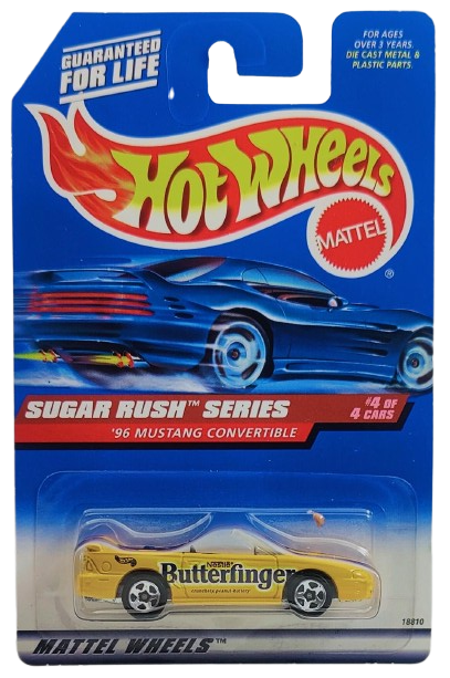Hot Wheels 1998 - Collector # 744 - Sugar Rush Series 4/4 - '96 Mustang Convertible - Yellow / Butterfinger - USA Blue Car Card