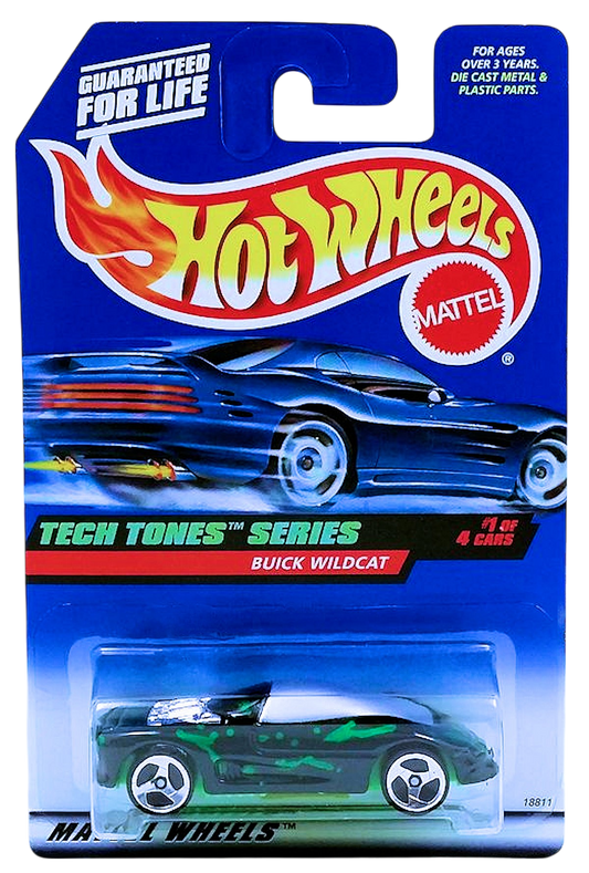 Hot Wheels 1998 - Collector # 745 - Tech Tones Series 1/4 - Buick Wildcat - Black with Metalflake Green Spoltches - 3 Spokes - USA Blue Car Card