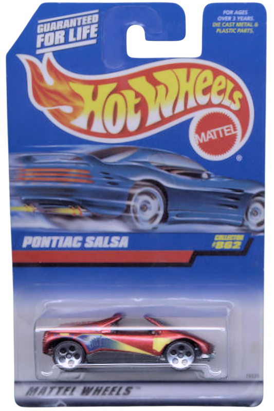 Hot Wheels 1998 - Collector # 862 - Pontiac Salsa - Metalflake Red - Chrome Plastic Base - 5 Dot Wheels - USA Card - Good Downhill Racer!