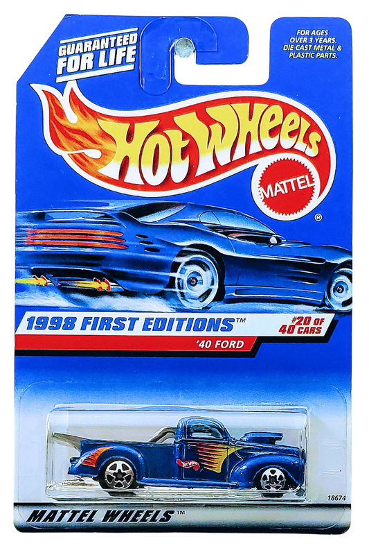 Hot Wheels 1998 - Collector # 654 - First Editions 20/40 - ’40 Ford (Drag Truck) - Dark Blue Metalflake - 5 Spokes - China - USA Blue Car Card