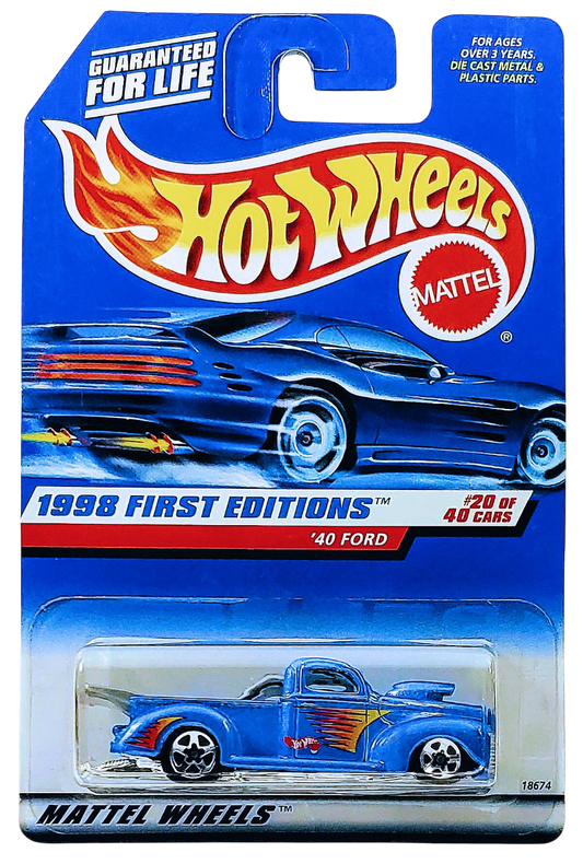 Hot Wheels 1998 - Collector # 654 - First Editions 20/40 - ’40 Ford (Drag Truck) - Lite Blue Metalflake - 5 Spokes - Malaysia - USA Blue Car Card