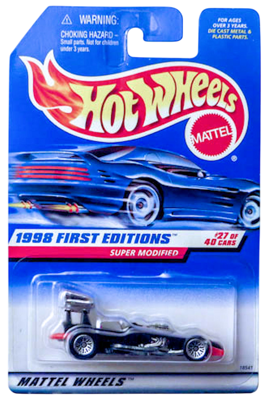 Hot Wheels 1998 - Collector # 664 - First Editions 27/40 - Super Modified - Black - Metal Base - Lace Wheels - USA Card - Good Downhill Racer!