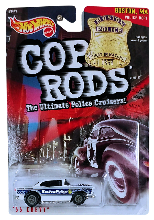 Hot Wheels 1999 - Cop Rods # 23449 - '55 Chevy - White / Boston, MA Police Dept - KB Toys Exclusive - MPN 23449