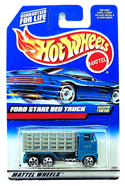 Hot Wheels 1999 - Collector # 1010 - Ford Stake Bed Truck - Teal Cab / Gray Bed Box - 5 Dot Wheels - USA Blue Car Card