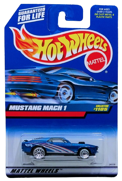 Hot Wheels 1999 - Collector # 1105 - Mustang MACH 1 - Metallic Blue - Lace Wheels - USA 'Angled' Card