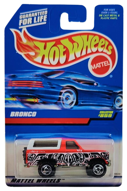 Hot Wheels 1998 - Collector # 859 - Bronco - Red / White Top - Sawblades on Off-Road Tires - USA Blue Car Card