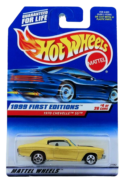 Hot Wheels 1999 - Collector # 915 - First Editions 4/26 - 1970 Chevelle SS - Gold Metalflake - Black Racing Stripes - USA Card