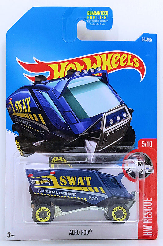 Hot Wheels 2017 - Collector # 064/365 - HW Rescue 5/10 - Aero Pod - Blue / SWAT - USA Card