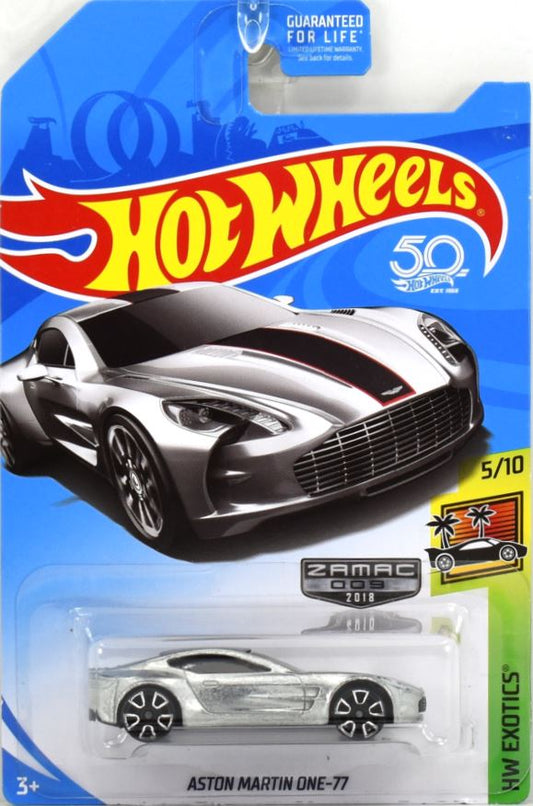 Hot Wheels 2018 - Collector # 117/365 - HW Exotics 05/10 - ZAMAC 009 - Aston Martin One-77 - ZAMAC / Black Stripe - TRAP5 Wheels - Walmart Exclusive USA 50th Card