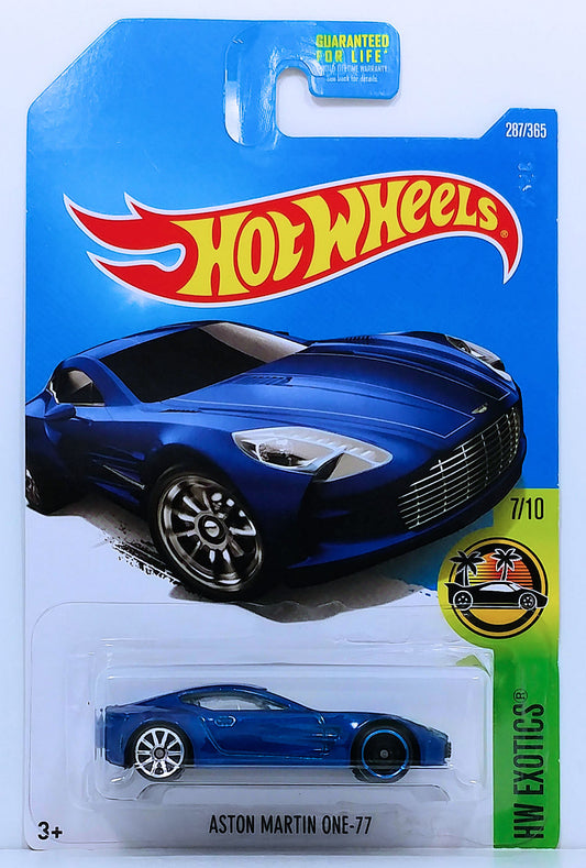 Hot Wheels 2017 - Collector # 287/365 - HW Exotics 7/10 - Aston Martin One-77 - Metalflake Blue - USA Card - ERROR! Wrong Front Wheels