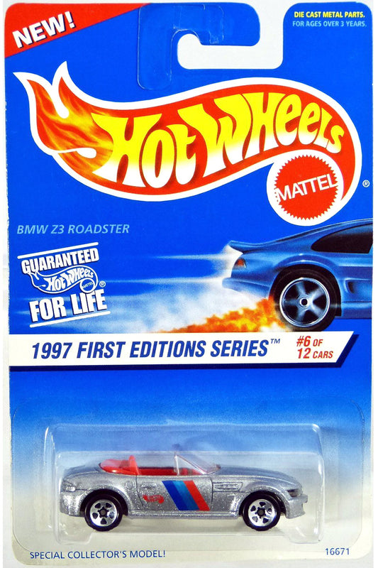 Hot Wheels 1997 - Collector # 518 - First Editions 6/12 - BMW M Roadster - Silver - 5 Spokes - Un-Painted Metal Base - USA Blue & White Card