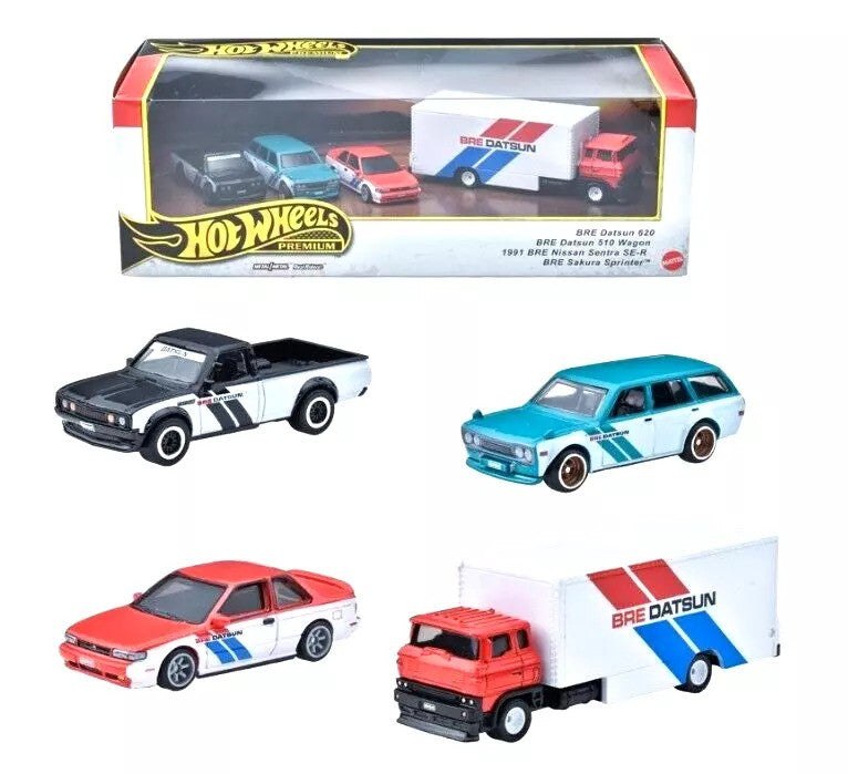 Hot Wheels 2024 - Premium / BRE Datsun Diorama - BRE Datsun 620, BRE Datsun 510 Wagon, 1991 BRE Nissan Sentra SE-R & BRE Sakura Sprinter - Metal/Metal & Real Riders - Display Box