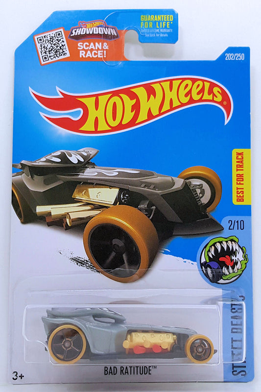 Hot Wheels 2016 - Collector # 202/365 - Street Beasts 2/10 - Bad Ratitude - Gray - USA 'Showdown' Card