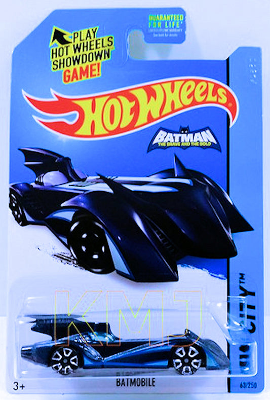 Hot Wheels 2015 - Collector # 063/250 - HW City / Batman - Batmobile (The Brave and the Bold) - Midnight Blue Metalflake / Blue Accents - USA 'Showdown' Card