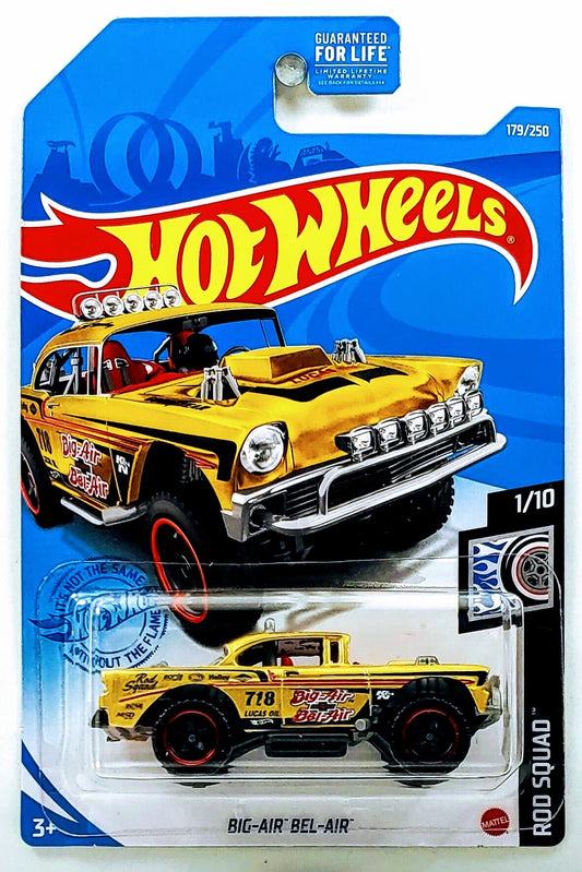 Hot Wheels 2020 - Collector # 179/250 - Rod Squad 1/10 - Big-Air Bel-Air - Gold with various Racing Decals - Game Stop Exclusive - USA Card