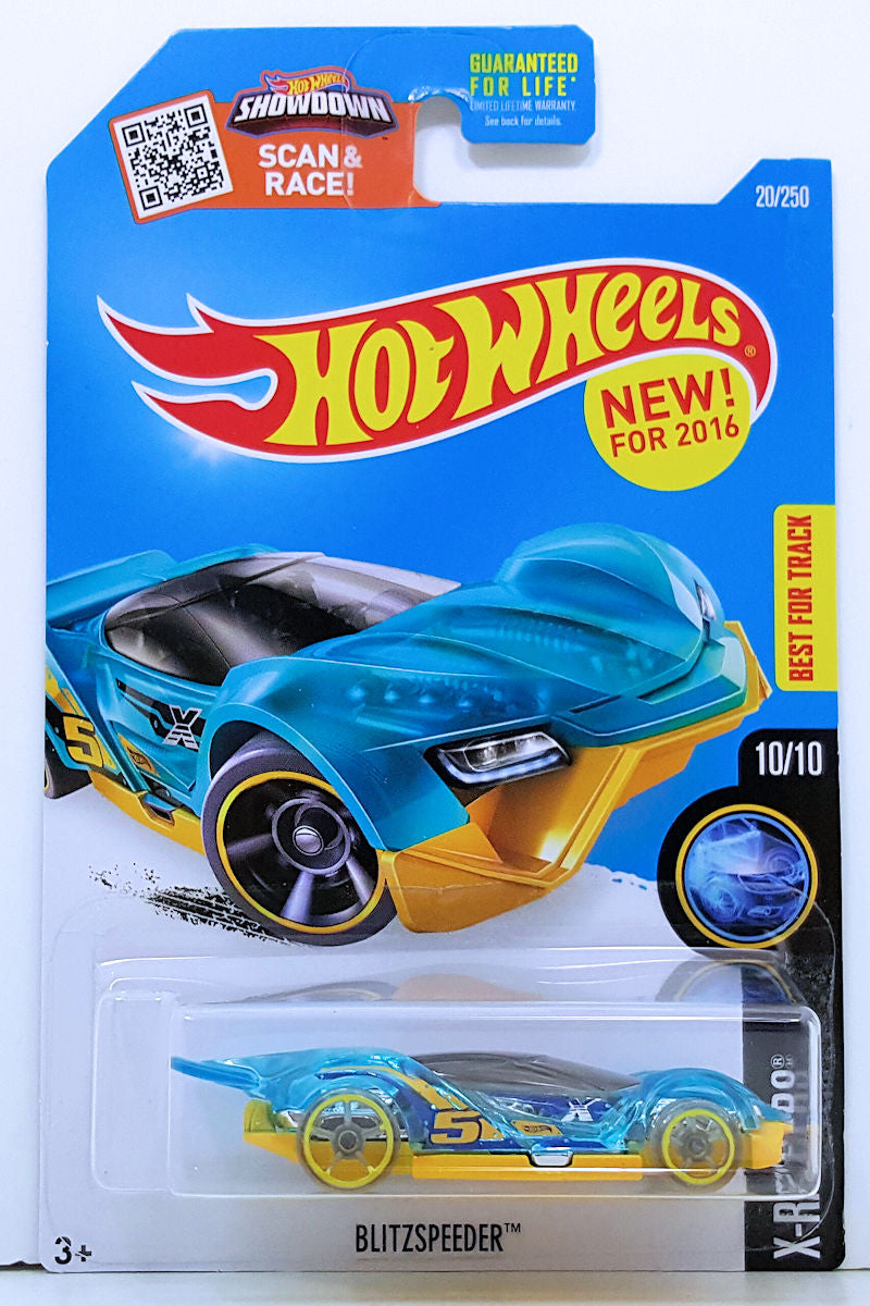 Hot Wheels 2016 Collector 020/250 X-Raycers 10/10 New Models Blitzspeeder Transparent Blue Body Yellow Base USA 'Showdown' Card